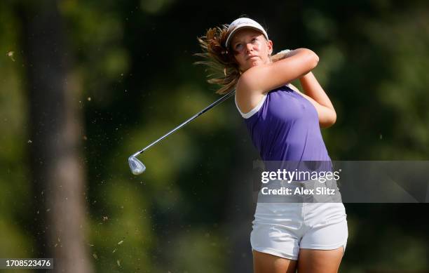 Lauren Hartlage of the United States plays her shot from the third tee during the first round of the Walmart NW Arkansas Championship presented by...