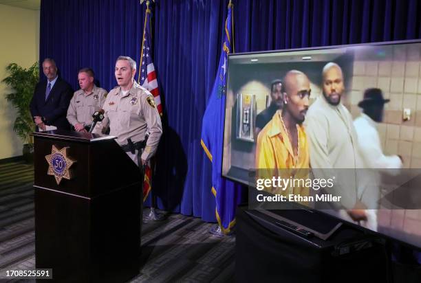 An image on a television monitor shows Tupac Shakur and Marion "Suge" Knight Jr. Attending a boxing event in Las Vegas the night Shakur was killed as...