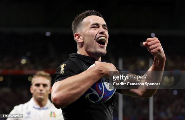 Will Jordan of New Zealand celebrates scoring his team's twelfth try during the Rugby World Cup France 2023 match between New Zealand and Italy at...