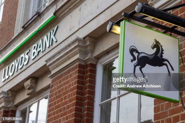 Lloyds Bank logo on the 5th of October 2023 in Ashford, United Kingdom. Lloyds Bank Plc is a major, if not biggest retail and commercial bank in the...