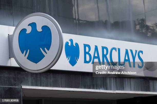 The Barclays Bank logo on 5th of October 2023 in Ashford, United Kingdom. Barclays Bank is a British multinational banking and financial services...