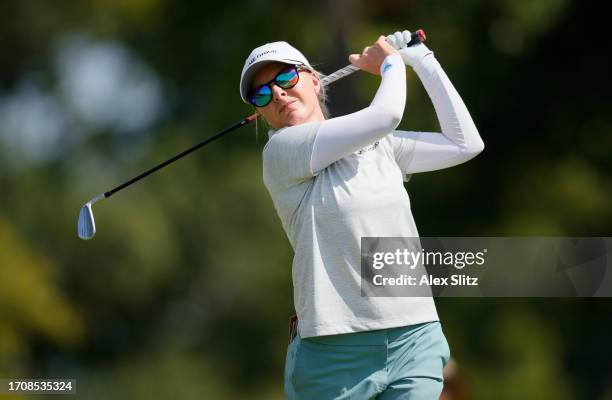 Sarah Kemp of Australia plays her shot from the third tee during the first round of the Walmart NW Arkansas Championship presented by P&G at Pinnacle...