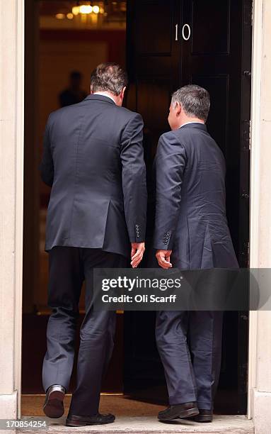 British Prime Minister David Cameron greets His Majesty King Abdullah II of Jordan outside Number 10 Downing Street on June 19, 2013 in London,...