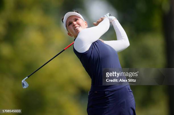 Nanna Koerstz Madsen of Denmark plays her shot from the third tee during the first round of the Walmart NW Arkansas Championship presented by P&G at...