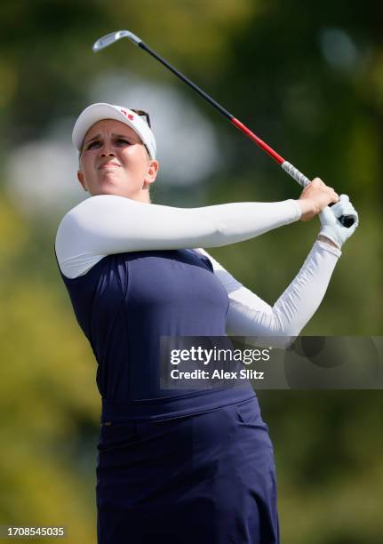 Nanna Koerstz Madsen of Denmark plays her shot from the third tee during the first round of the Walmart NW Arkansas Championship presented by P&G at...