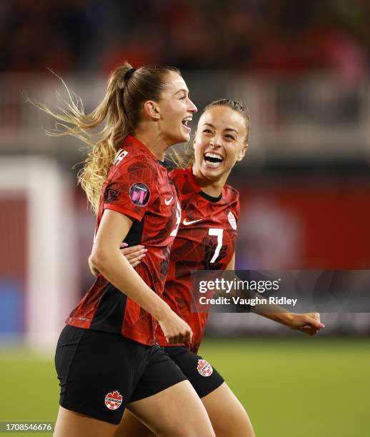 Jordyn Huitema of Canada celebrates a goal with Julia Grosso against Jamaica during a Paris 2024 Olympic Games Qualifier match at BMO Field on...