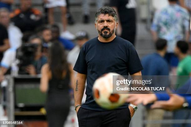 Marseille's Italian head coach Gennaro Gattuso looks on during the warm up prior to the UEFA Europa League Group B first leg football match between...