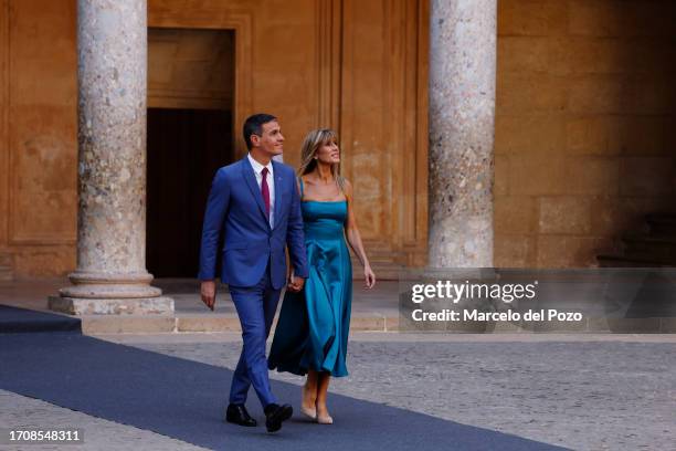Prime Minister Pedro Sanchez and his wife Begona Gomez arrive at Carlos V Palace, at the Alhambra Palace on October 5, 2023 in Granada, Spain. Heads...