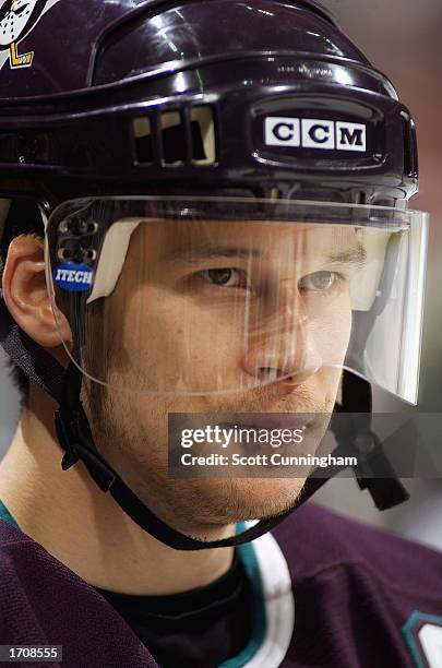 Left wing Paul Kariya of the Anaheim Mighty Ducks looks on against the Atlanta Thrashers during the NHL game at Philips Arena on November 17, 2002 in...