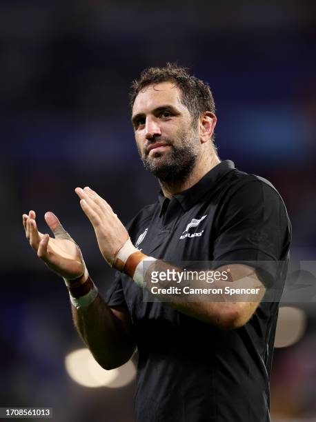 Samuel Whitelock of New Zealand applauds the fans after making his Record Breaking 149th Appearance for the New Zealand All Blacks, overtaking former...