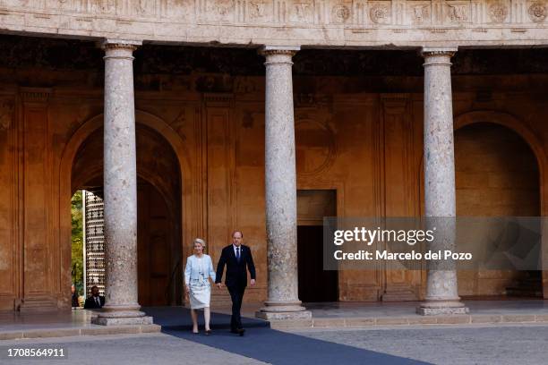 President of the European Commission Ursula von der Leyen and her husband Heiko von der Leyen arrive at Carlos V Palace, at the Alhambra Palace on...