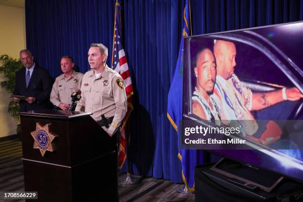 An image on a television monitor shows a photo of Tupac Shakur and Marion "Suge" Knight Jr. In a car in Las Vegas the night Shakur was killed as...