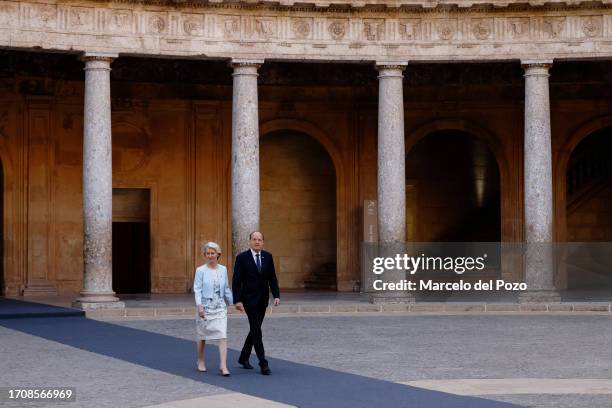 President of the European Commission Ursula von der Leyen and her husband Heiko von der Leyen arrive at Carlos V Palace, at the Alhambra Palace on...