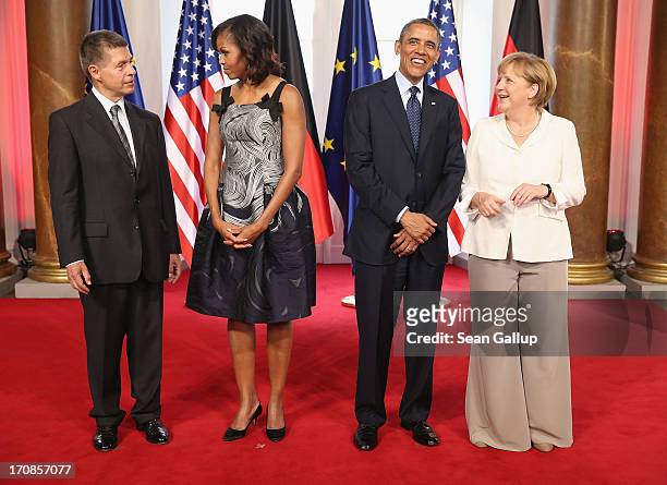 Joachim Sauer, First Lady Michelle Obama, U.S. President Barack Obama and German Chancellor Angela Merkel attend the dinner given in honour of...