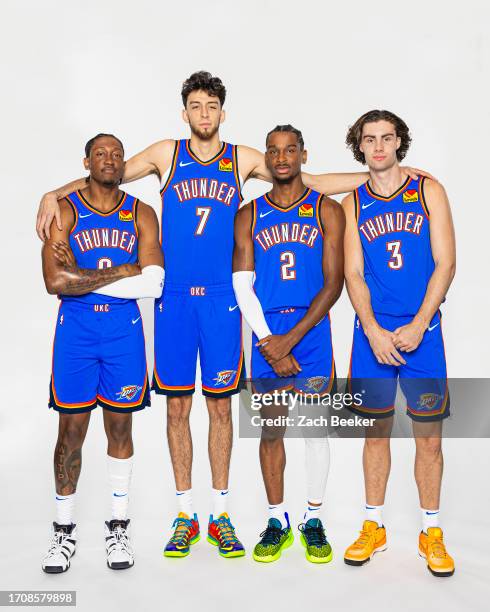 Jalen Williams, Chet Holmgren, Shai Gilgeous-Alexander, and Josh Giddey of the Oklahoma City Thunder pose for a portrait during 2023-24 NBA Media Day...