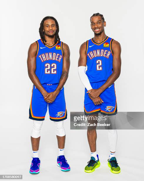 Cason Wallace and Shai Gilgeous-Alexander of the Oklahoma City Thunder pose for a portrait during 2023-24 NBA Media Day on October 2, 2023 at the...