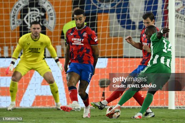 Aris Limassol's Senegalese forward Yannick Gomis attempts a shot during the UEFA Europa League Group C football match between Cyprus' Aris Limassol...