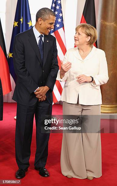 President Barack Obama and German Chancellor Angela Merkel attend the dinner given in honour of President Obama at the Orangerie of Schloss...