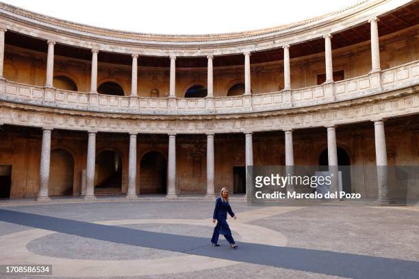 Italian Prime Minister Giorgia Meloni arrives at Carlos V Palace at the Alhambra Palace on October 5, 2023 in Granada, Spain. Heads of state or...