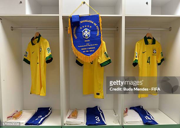 View of Brazil kits and the team pennant hanging in the dressing room prior to the FIFA Confederations Cup Brazil 2013 Group A match between Brazil...