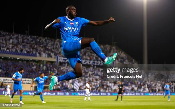 Kalidou Koulibaly of Al Hilal celebrates after scoring his teams first goal during the Saudi Pro League match between Al Hilal and Al Shabab at...