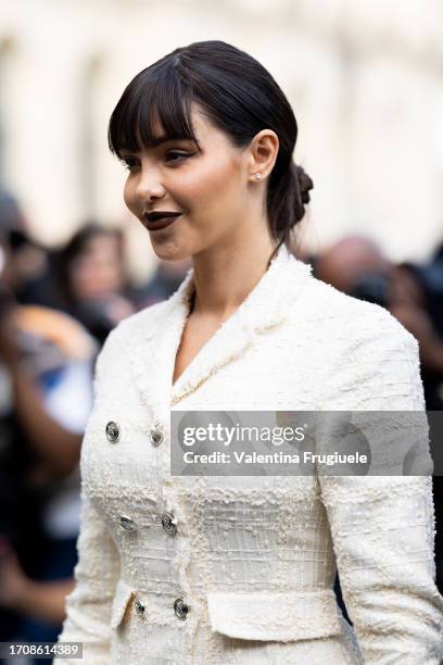 Nabilla Benattia is seen wearing a white cropped jacket outside Giambattista Valli show during the Womenswear Spring/Summer 2024 as part of Paris...