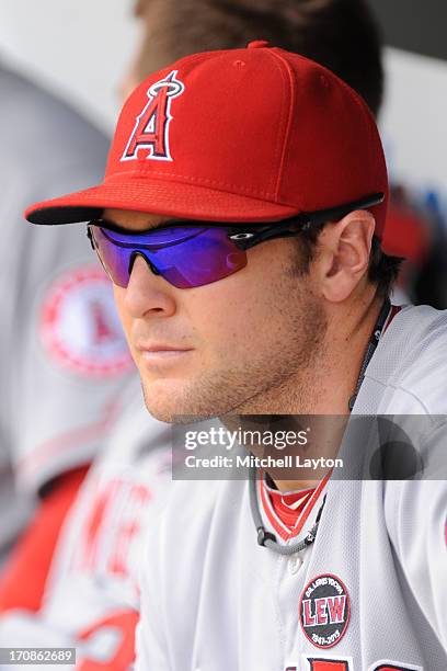 Brendan Harris of the Los Angeles Angels looks on during a baseball game against the Baltimore Orioles on June 12, 2013 at Oriole Park at Camden...