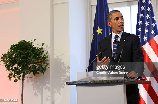 President Barack Obama gives a speech during a dinner at the Orangerie at Schloss Charlottenburg palace on June 19, 2013 in Berlin, Germany. Obama is...