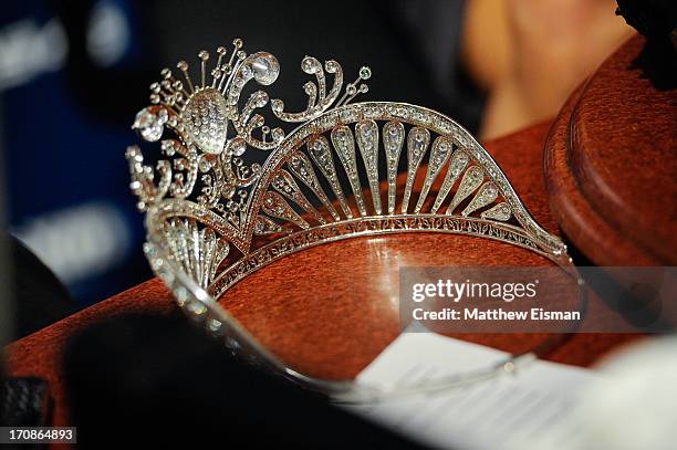 View of Miss USA 2013 Erin Brady's crown during "Sway in the Morning" on Eminem's Shade 45 channel in the SiriusXM Studios on June 19, 2013 in New...