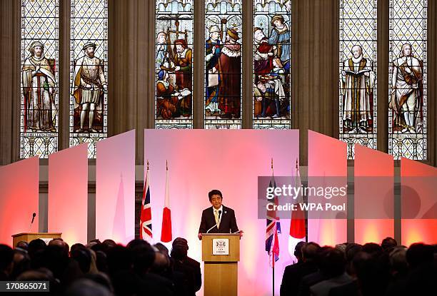 Japan's Prime Minister Shinzo Abe gives a speech during a question and answer session at the Guildhall on June 19, 2013 in London, England. The Prime...