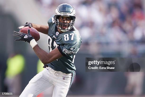 Wide Receiver Todd Pinkston of the Philadelphia Eagles has possession of the ball during the NFL game against the Indianapolis Colts at Veterans...