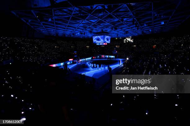 Players of FC Bayern Muenchen Basketball and Syntainics MBC line up ahead the easyCredit BBL match between FC Bayern München Basketball and...