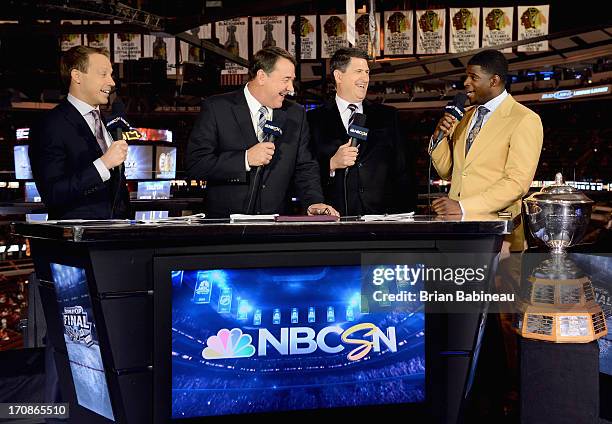 Hockey analysts Liam McHugh, Mike Milbury and Keith Jones speak to Montreal Canadiens defenseman P.K. Subban after he was presented with the James...