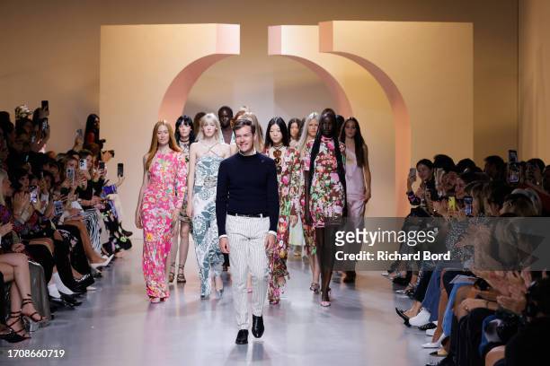 Creative Director Georg Lux and models acknowledge the audience during the Leonard Paris Womenswear Spring/Summer 2024 show as part of Paris Fashion...