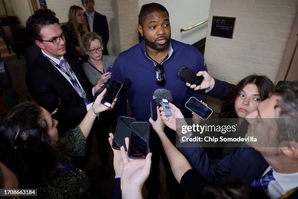 House Freedom Caucus member Rep. Byron Donalds is surrounded by reporters as he departs an afternoon Republican caucus meeting at the U.S. Capitol on...