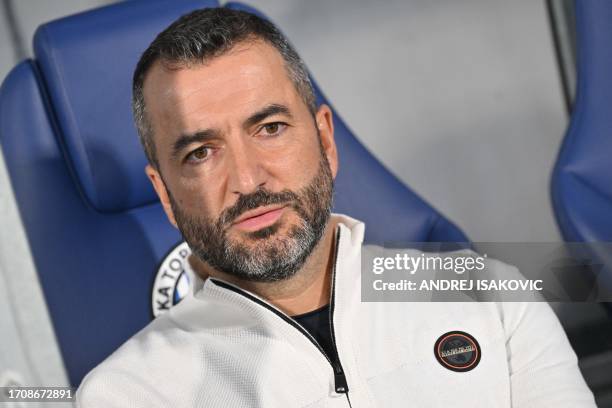 Olympiacos' head coach Diego Martinez looks on prior to the UEFA Europa League 1st round day 2 Group A football match between TSC Backa Topola and...