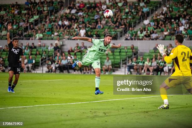 Texas Forward Will Bruin of Austin FC scores a goal with a header past goalie Alex Bono of DC United on October 4 at Q2 Stadium in Austin, TX.