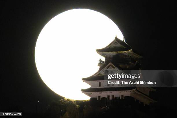 The harvest supermoon is seen over the Gifu Castle on September 29, 2023 in Gifu, Japan.