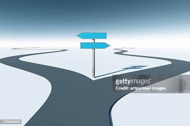 a road forks at two empty road signs - fork stock pictures, royalty-free photos & images