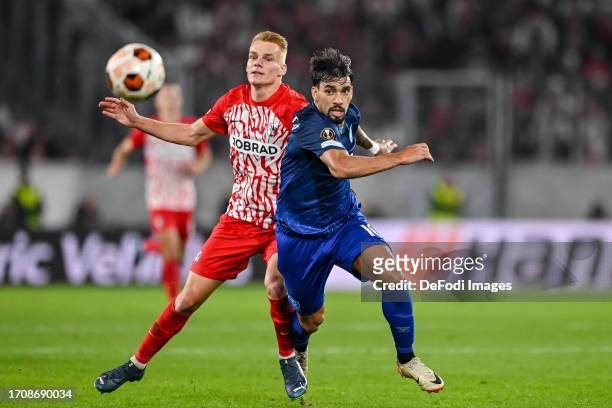 Philipp Lienhart of SC Freiburg and Lucas Paqueta of West Ham United FC battle for the ball during the UEFA Europa League match between Sport-Club...