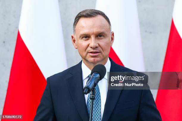 Andrzej Duda, the Polish President, speaks during an official opening of the Museum and Centre of the Scouting Movement In Krakow, Poland on...