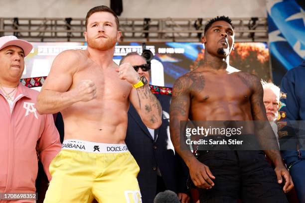 Undisputed super middleweight champion Saul “Canelo” Alvarez of Mexico and Jermell Charlo face off during their weigh-in at Toshiba Plaza on...