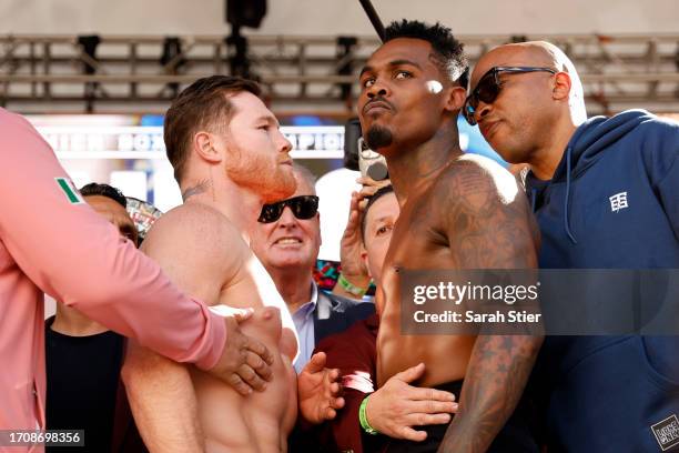 Undisputed super middleweight champion Saul “Canelo” Alvarez of Mexico and Jermell Charlo face off during their weigh-in at Toshiba Plaza on...