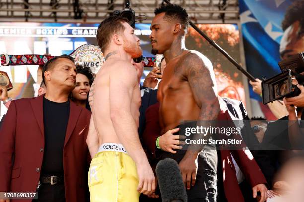 Undisputed super middleweight champion Saul “Canelo” Alvarez of Mexico and Jermell Charlo face off during their weigh-in at Toshiba Plaza on...