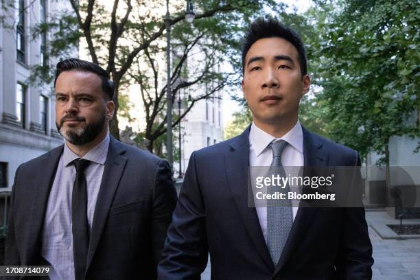 Matt Huang, co-founder and managing partner of Paradigm Operations LP, right, arrives at court in New York, US, on Thursday, Oct. 5, 2023. Former FTX...
