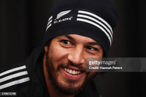 Rene Ranger of the All Blacks is interviewed during a New Zealand All Blacks media session at the Devon Hotel on June 20, 2013 in New Plymouth, New...