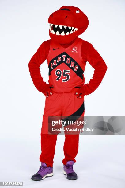 The Raptor mascot of the Toronto Raptors poses for a portrait during NBA Media Day on October 02, 2023 at the Hilton Hotel in Toronto, Ontario,...