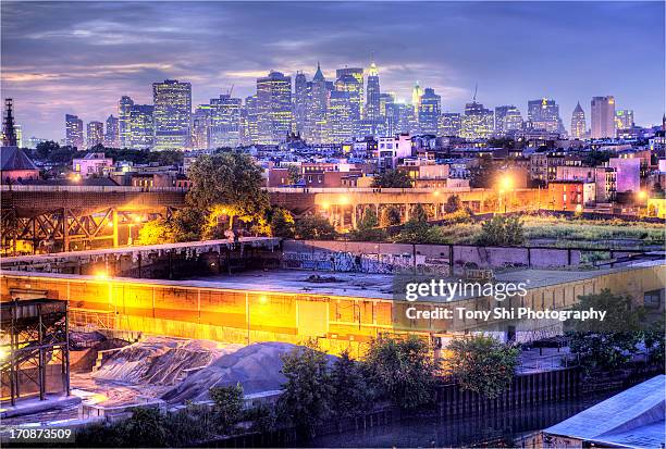 manhattan skyline seen from brooklyn - gowanus canal stock pictures, royalty-free photos & images