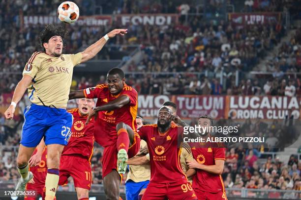 Servette's French forward Enzo Crivelli fights for the ball with Roma's Ivorian defender Evan Ndicka during the UEFA Europa League 1st round day 2...