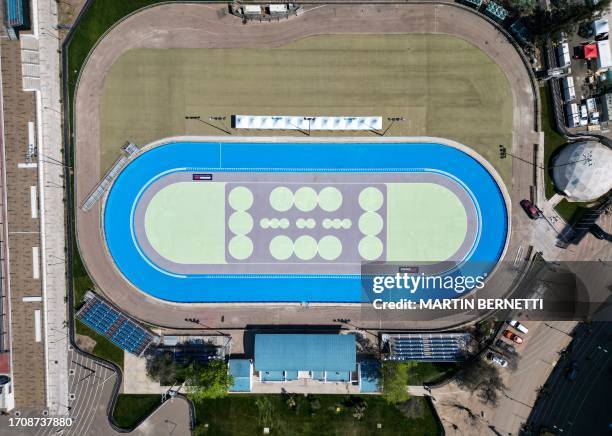 Aerial view of the speed skating track at new National Stadium Sports Park, in Santiago, taken on October 4 while the sports complex is being...